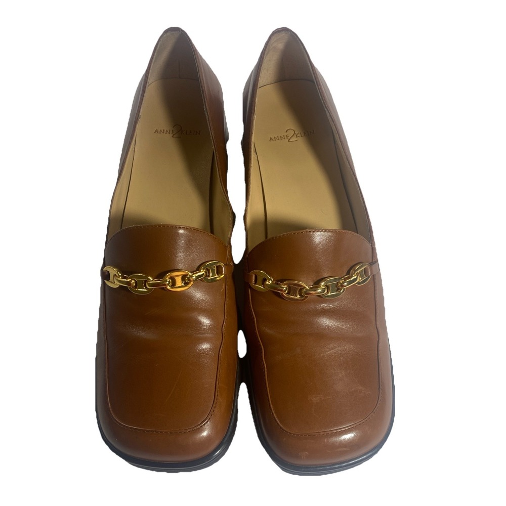 Anne 2 Klein Size 8M Light Brown Leather Shoes Embossed Gold Chain Square Toe